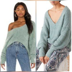 Free People Icing Sweater Womens Large Oversized Cozy V-Neck Eyelash Knit Green